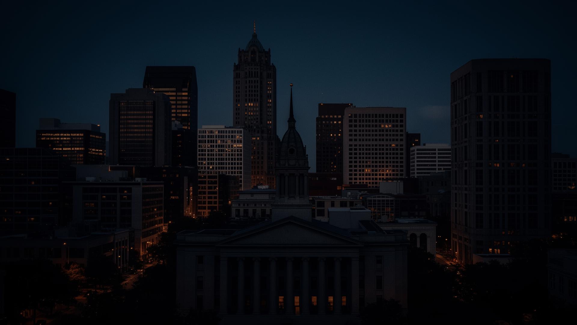 Atlanta skyline at dusk with courthouse in foreground